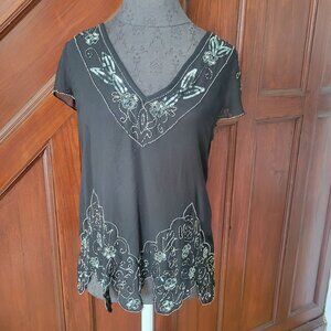BKE Boutique Womens Black Beaded Sequin V-Neck Short-Sleeve Blouse Size M